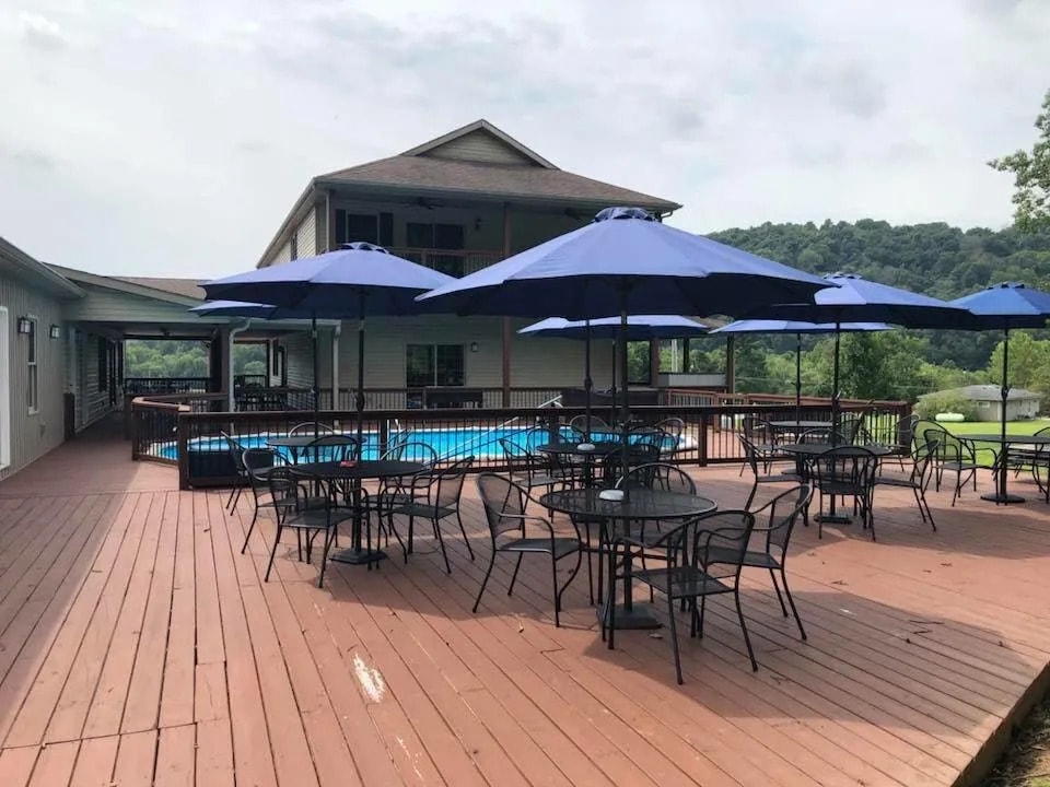 Outdoor deck with pool and seating