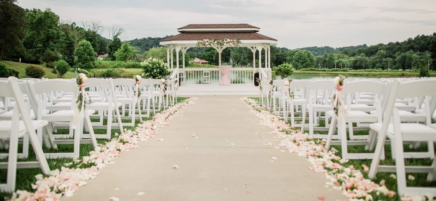 Aerial view of gazebo and lake