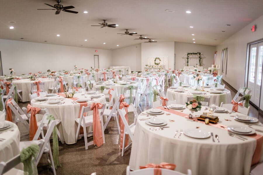 Pink and white reception hall